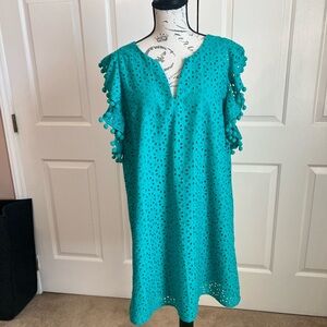 Lilly Pulitzer Teal Astara Eyelet Pom Pom Shift Dress